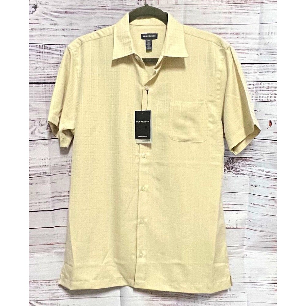 NWT Van Heusen Mens Small Weekend Camp Shirt Short Sleeve Button Down Beige